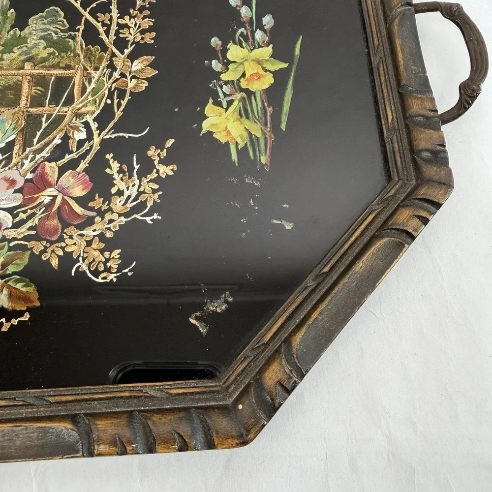 Vintage Dark Floral Tray Glass Top Moody Decor Bird Victorian Revival Black